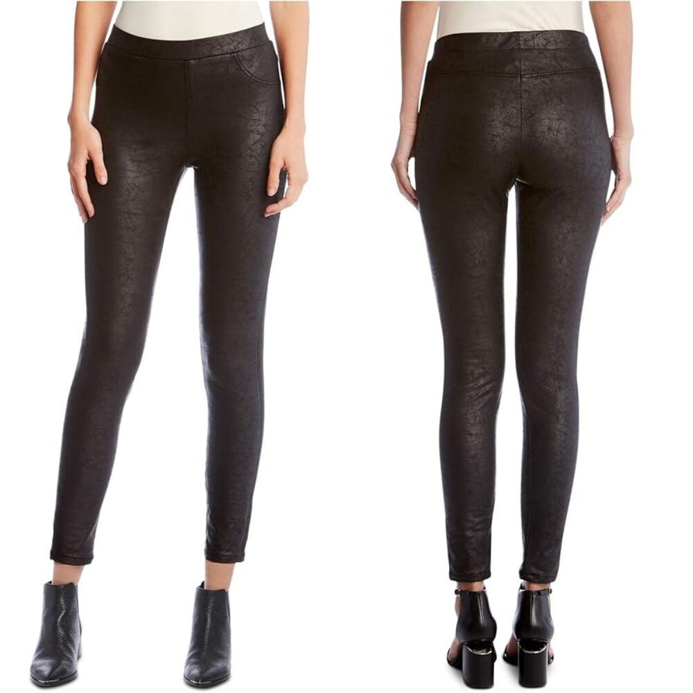 Karen Kane Distressed Black Faux Leather Mid Rise Pull On Leggings Skinny Pants